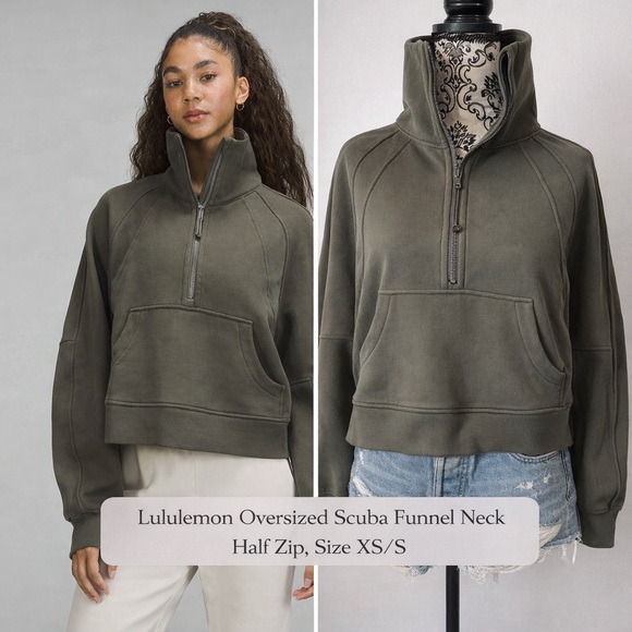 lululemon athletica Tops - Lululemon Oversized Scuba Funnel Neck Half Zip XS/S Olive Green Pullover
